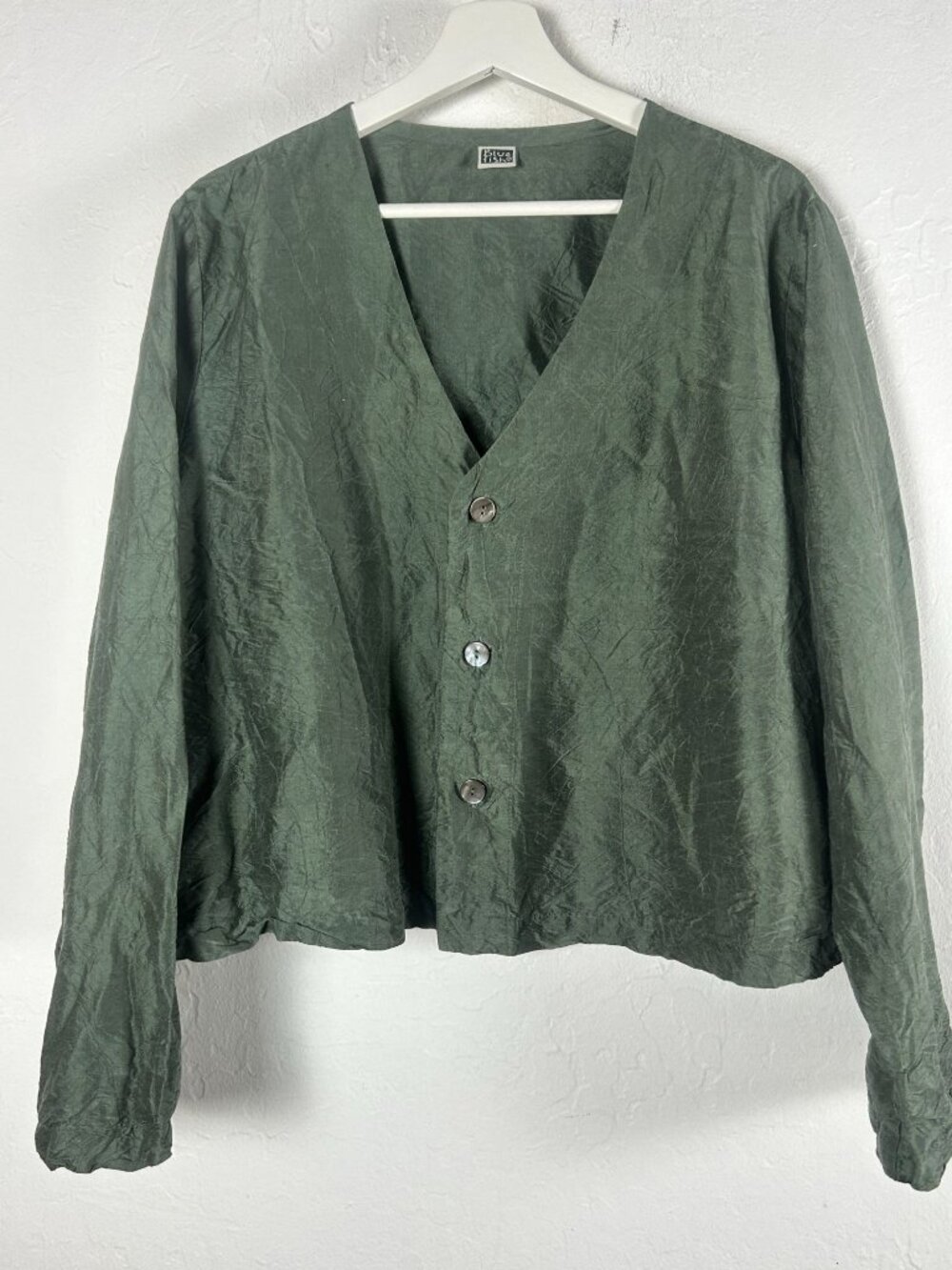 BLUE FISH Womens Green Textured Silk Cardigan Top Vintage Art To Wear Lagenlook